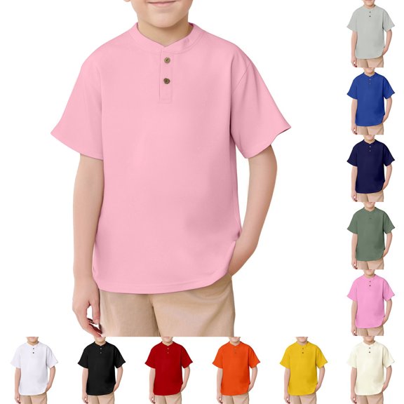 Bigetiay Boys Short Sleeve Shirt for School Henry Collar Shirts Comfortable Tops Casual Summer Tee 5-6 Years