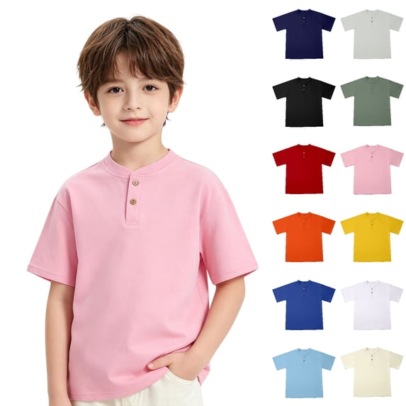 Bigetiay Boys Short Sleeve Shirt for School Henry Collar Shirts Comfortable Tops Casual Summer Tee 7-8 Years