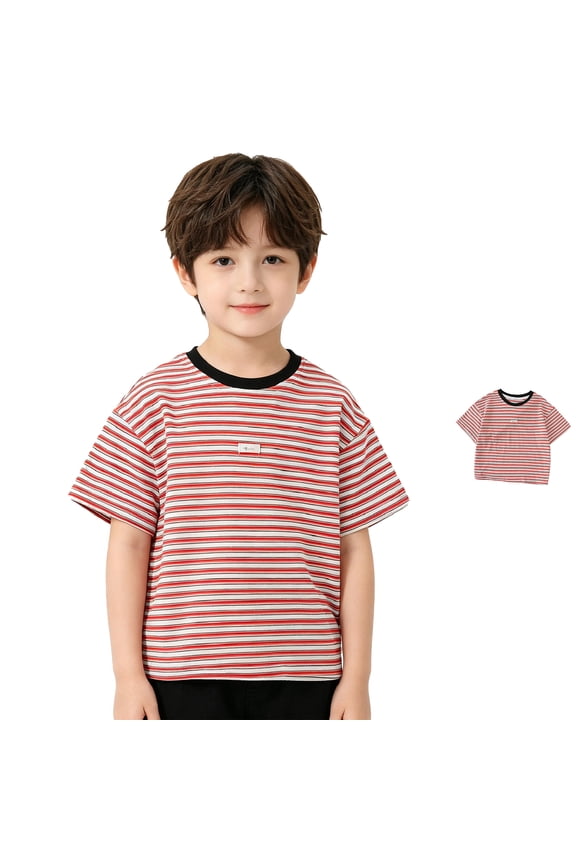 Boys Summer Short Sleeve T Shirt Casual Crew Neck Striped Tee Loose Fit Comfortable Top Kids Clothes 3-4 Years
