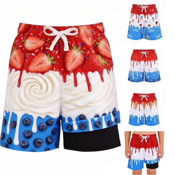 Bigetiay Boys Swim Trunks with Compression Liner Pockets Ice Print Swimwear Kids Comfortable Beach Shorts, Size 3-4 Years