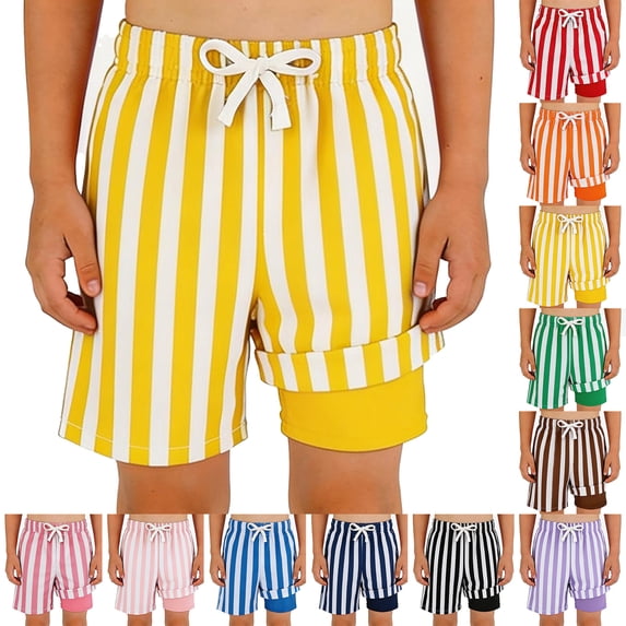 Bigetiay Boys Swim Trunks with Compression Liner Striped Print UPF 50+ Beach Shorts for Summer Pool Wear, Size 13-14Years