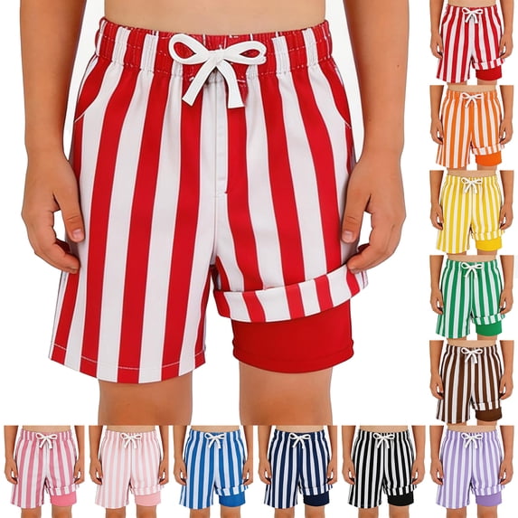 Bigetiay Boys Swim Trunks with Compression Liner Striped Print UPF 50+ Beach Shorts for Summer Pool Wear, Size 7-8Years