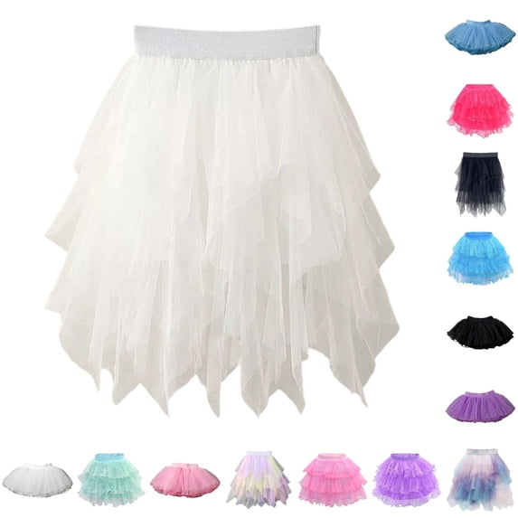 Bigetiay Girls Asymmetric Hem Tiered Skirt, Rainbow Design for Year Round Wear, Size 8-9 Years