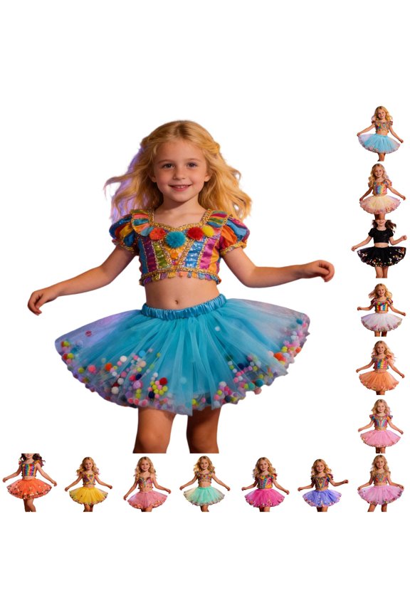 Girls Ballerina Tutu Skirt, Colorful Pom Poms for Halloween Party & Dance, Size 3-4 Years