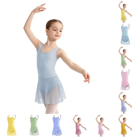 Bigetiay Girls Ballet Dance Leotard with Tutu Skirt Strap Backless Romper for Practice Performance Recital, Size 9-10 Years