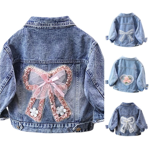 Bigetiay Girls Bow Printed Long Sleeve Cartoon Cute Denim Jacket Outerwear for Toddler Kids Spring Autumn, Size 5-6 Years