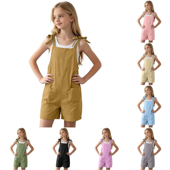 Bigetiay Girls Casual Solid Color Loose Fit Suspenders Overalls with Pockets And Adjustable Straps, Size 11-12 Years