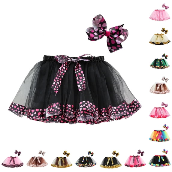Bigetiay Girls Heart Print Tutu Skirt, Bowknot Layered Mini Skirt for Toddlers & Parties, Size 6-8 Years