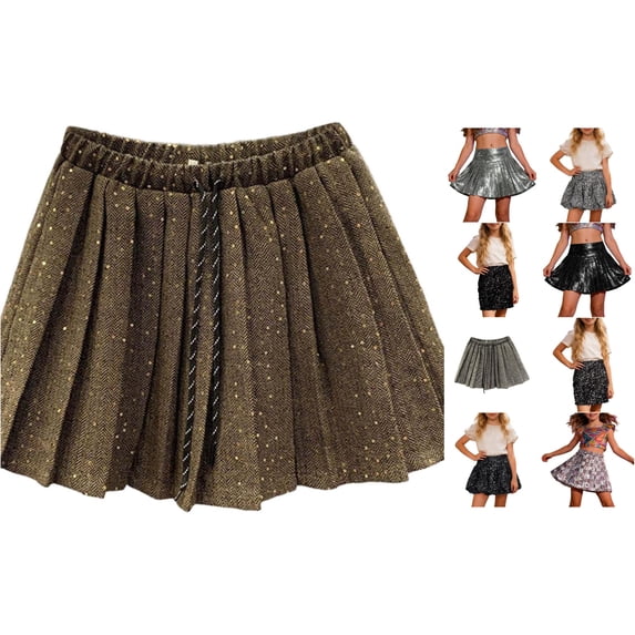 Bigetiay Girls Shimmering Pleated Skirt, Sparkly Sequined Mini Skirt with Drawstring Waist for Fall, Size 3-4 Years
