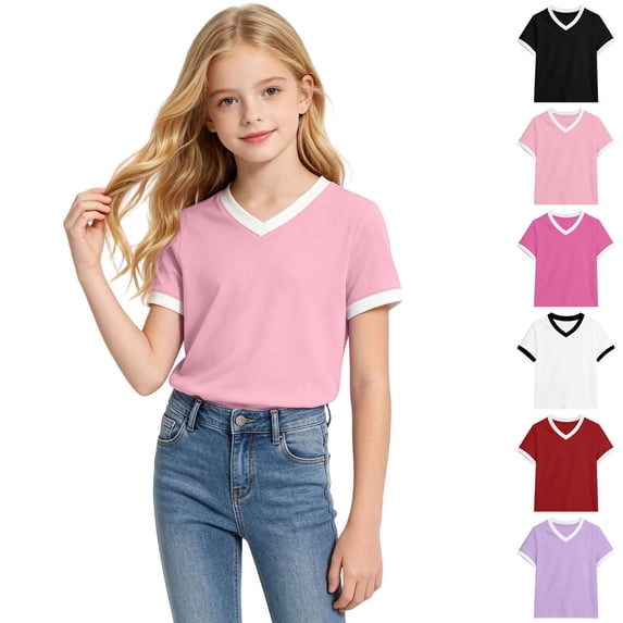 Bigetiay Girls Short Sleeve Crewneck Tee Casual Soft V Neck Basic Top for Everyday Play and School 11-12 Years