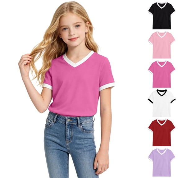 Bigetiay Girls Short Sleeve Crewneck Tee Casual Soft V Neck Basic Top for Everyday Play and School 13-14 Years