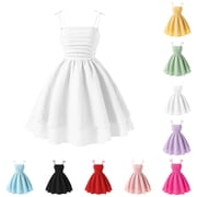 Bigetiay Girls Sleeveless Spaghetti Strap White Dress For Girls Layered Ruffled Smocked Summer Dresses, Size 8Y-16Y