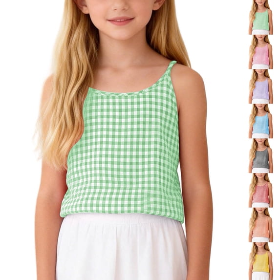 Bigetiay Girls Spaghetti Strap Cami Tops Summer Casual Lightweight Sleeveless Tank Top with Plaid Loose Tee Blouses 13-14 Years