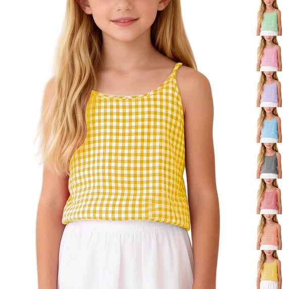 Bigetiay Girls Spaghetti Strap Cami Tops Summer Casual Lightweight Sleeveless Tank Top with Plaid Loose Tee Blouses 5-6 Years