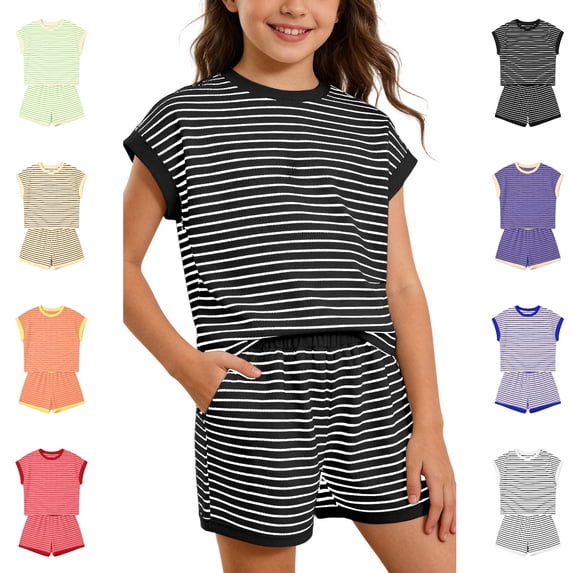 Bigetiay Girls Summer Clothes 2 Piece Classic Athletic Performance Short Sleeve Shirt with Shorts Outfits 13-14 Years Clothes Girls