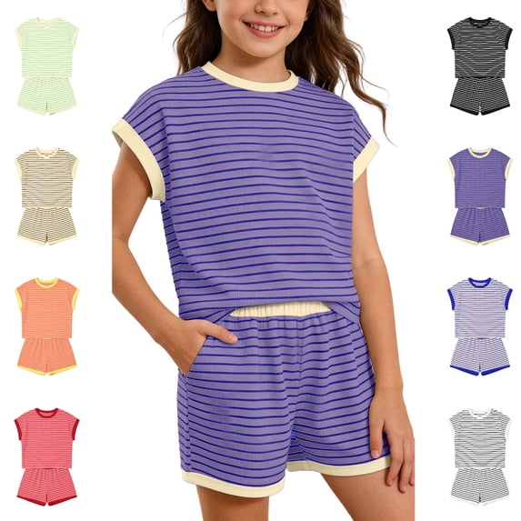 Bigetiay Girls Summer Clothes 2 Piece Fashion Active Breathable Crew Neck T-Shirt and Shorts Set Size 13-14 Years Girls Clothes