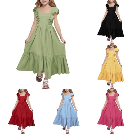 Bigetiay Girls Summer Dress Elegant Square Neck Sleeveless Backless Party Casual Outfit, Size 6-7 Years