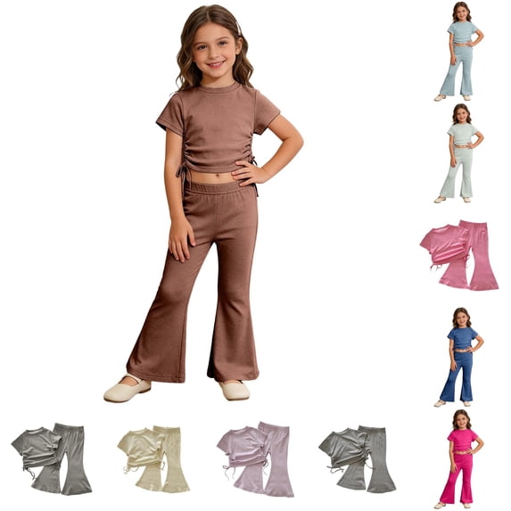 Bigetiay Girls Summer Outfit Elastic Short Sleeve Top with Flared Pants ...