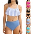 thumbnail image 1 of Bigetiay Girls Swimsuit 2 Piece Bikini Ruffled Bathing Adjustable Straps Striped Hollow High Waist Swimwear Set for 6-14 Years Summer, Size 13-14 Years, 1 of 5