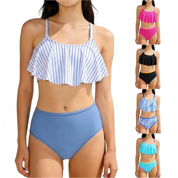 Bigetiay Girls Swimsuit 2 Piece Bikini Ruffled Bathing Adjustable Straps Striped Hollow High Waist Swimwear Set for 6-14 Years Summer, Size 13-14 Years