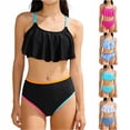 thumbnail image 1 of Bigetiay Girls Swimsuit 2 Piece Bikini Ruffled Bathing Adjustable Straps Striped Hollow High Waist Swimwear Set for 6-14 Years Summer, Size 7-8 Years, 1 of 5