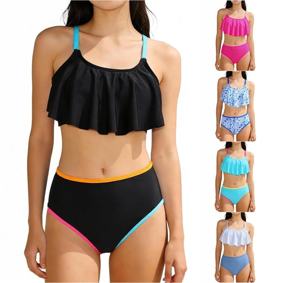 Bigetiay Girls Swimsuit 2 Piece Bikini Ruffled Bathing Adjustable Straps Striped Hollow High Waist Swimwear Set for 6-14 Years Summer, Size 7-8 Years