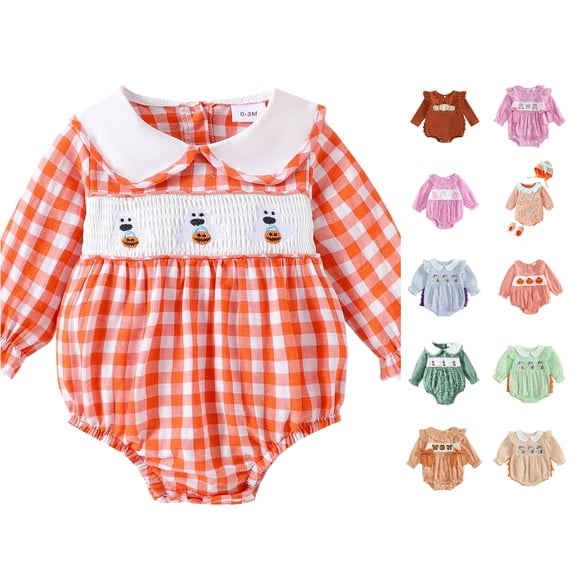 Bigetiay Halloween Girls Bodysuits Long Sleeve Baby Romper Cartoon Embroidery Plaid Pattern Toddler, Size 3-6 Months