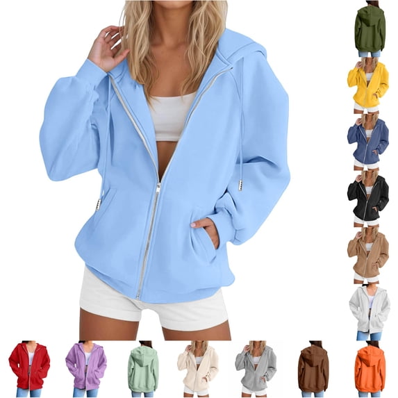 Bigetiay Hoodie Women Cozy Hooded Sweatshirt Thermal Zip up Hoodie for Casual Everyday Wear Comfortable Fit Sweatshirts for Women Loose Fit Light Blue Jacket Women, Size S