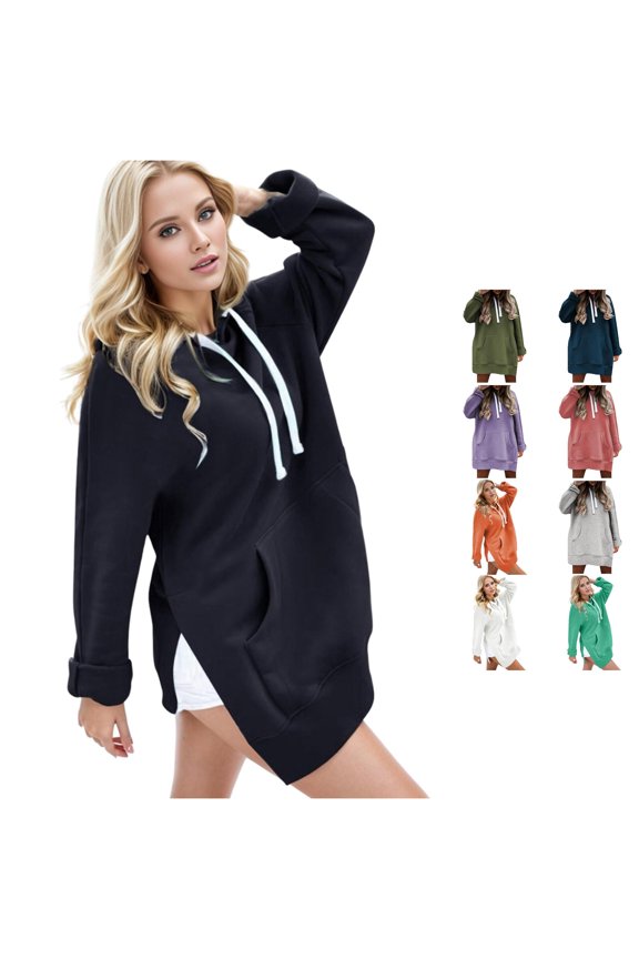Hoodie Women Women's Autumn Long Sleeve Side Opening Solid Extended Pocket Hooded Drawstring Guard Dress Women's Sweatshirts Black Jacket Women, Size S