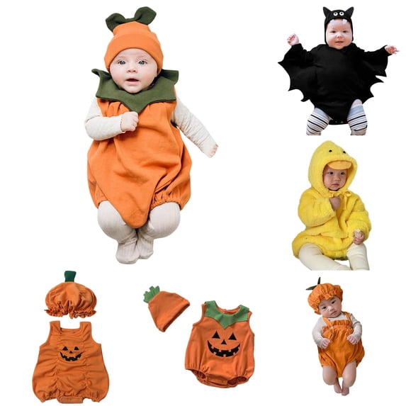 Bigetiay Baby Girls Boys Halloween Pumpkin Romper With Hat Bodysuit Playsuit Clothes, Size 6-12 Months