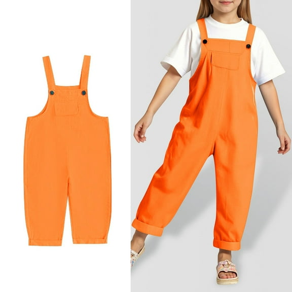 Bigetiay Kids Girls Casual Sleeveless Jumpsuits Comfortable Orange Romper with Pockets for Outdoor Activities Preppy Clothes for Girls 9-10 Years