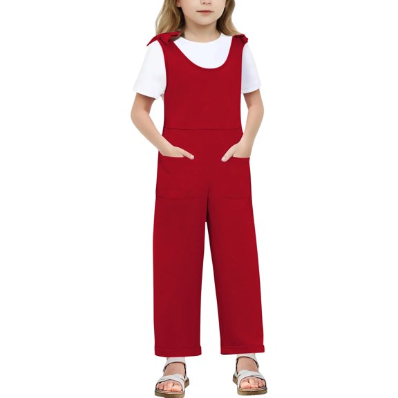 Bigetiay Kids Girls Sleeveless Jumpsuit Back to School Romper Red Suspenders with Pockets for Outdoor Activities Girl Clothes Size 9-10 Years