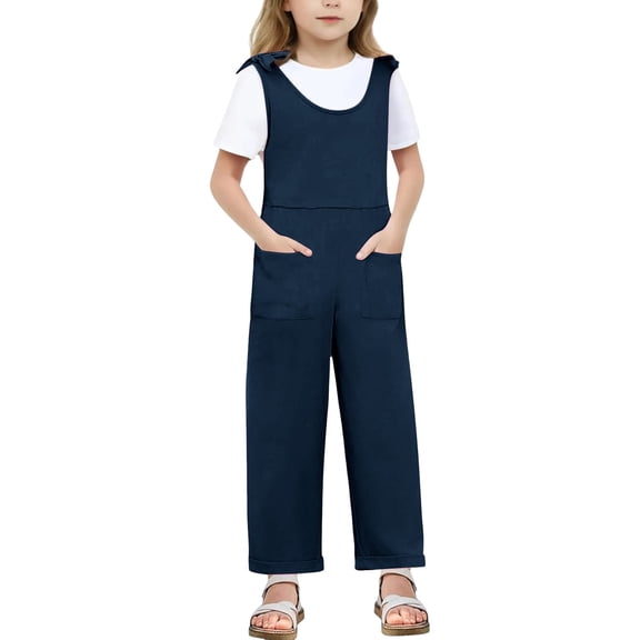 Bigetiay Little Girls Jumpsuits Overalls Comfortable Navy Overalls with Side Pockets for Outdoor Activities Cute Summer Outfits for Girls 5-6 Years
