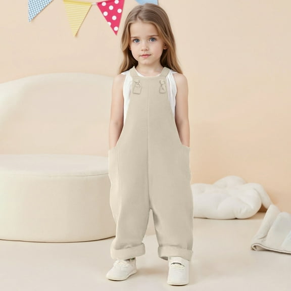 Bigetiay Little Girls Jumpsuits Rompers Casual School Romper Beige Jumpsuit with Pockets for Outdoor Activities Kids Jumpsuit for Girls 4-5 Years