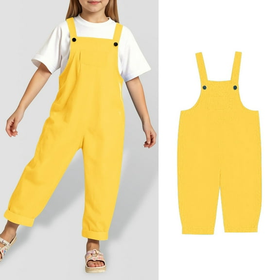 Bigetiay Little Girls Jumpsuits Rompers Casual School Romper Yellow Bib Pants with Pockets Spring Summer Romper Tween Clothes Girls Trendy 6-7 Years
