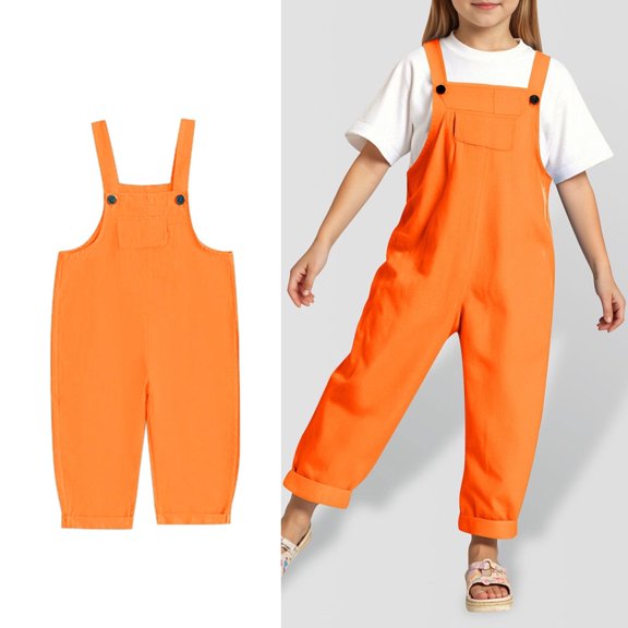 Bigetiay Little Girls Romper Sleeveless Comfortable Orange Jumpsuit with Pockets Spring Summer Romper Cute Outfits for Girls 6-7 Years