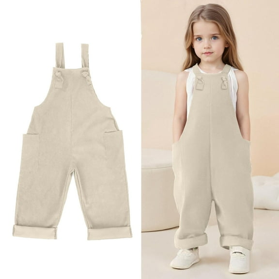 Bigetiay Little Girls Summer Jumpsuits Casual School Romper Beige Rompers with Pockets Spring Fall Romper Girls Summer Outfits Size 4-5 Years