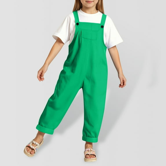 Bigetiay Little Girls Summer Jumpsuits Casual School Romper Green Suspenders with Pockets for Everyday Wear Jumpsuits Rompers for Girls 6-7 Years