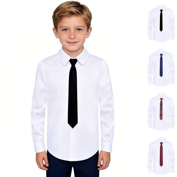Bigetiay Long Sleeve Dress Shirt for Boys and Girls School Formal Wear Classic Fit Daily Casual White 8-9 Years
