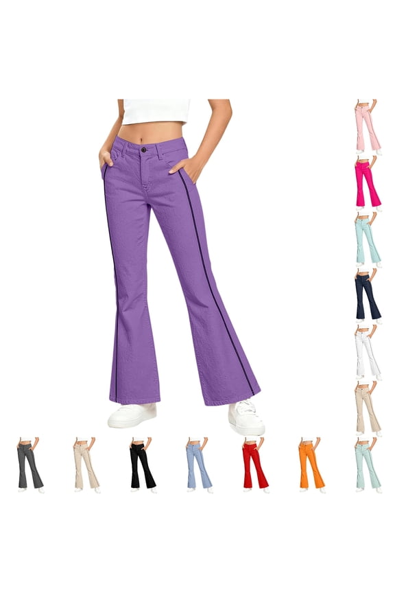School Uniform Pants For Girls Formal Flared Leg Pull On Chino Elastic Waist Slim Fit Purple Uniform Pants Back To School Clothes 13-14 Years