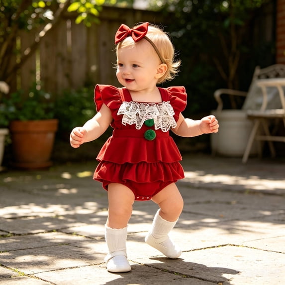 Bigetiay Toddler Girls Christmas Outfits Ruffled Sleeve Romper Bodysuits Headbands Set, Size 12-18 Months