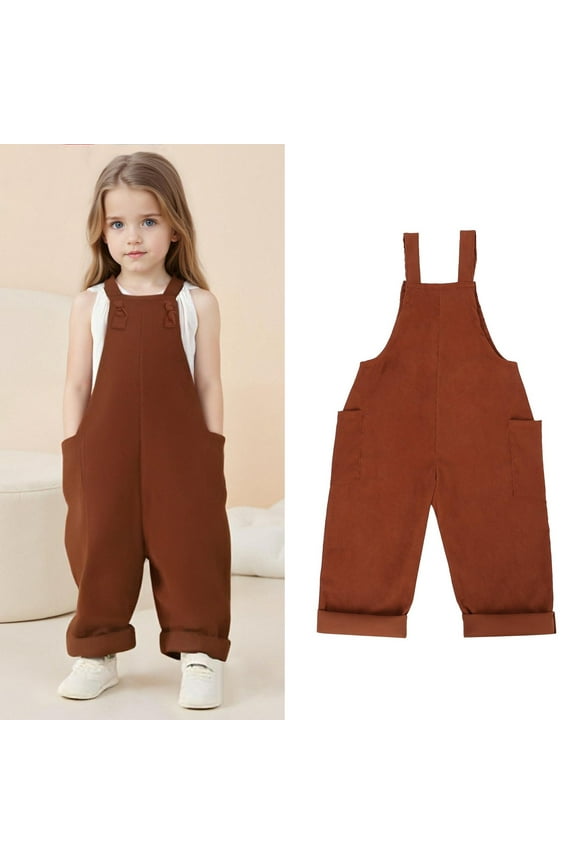 Toddler Girls Jumpsuit Sleeveless Back to School Romper Brown Rompers with Pockets Spring Fall Romper Kids Clothes Girls Size 1-2 Years