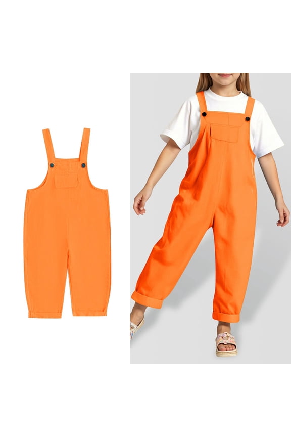 Toddler Girls Summer Jumpsuits Casual School Romper Orange Bib Pants with Pockets Spring Summer Romper Girls Clothes Size 3-4 Years