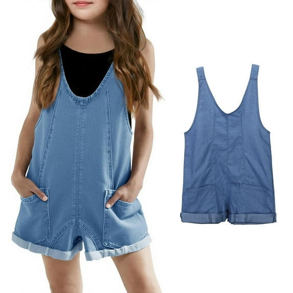 Bigetiay Tween Girls Romper Sleeveless Casual School Romper Blue Overalls with Side Pockets Spring Summer Romper Girls Summer Outfits Size 12-13 Years