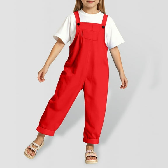 Bigetiay Tween Girls Romper Sleeveless Comfortable Red Bib Pants with Pockets for Outdoor Activities Girls Clothes Size 11-12 Years