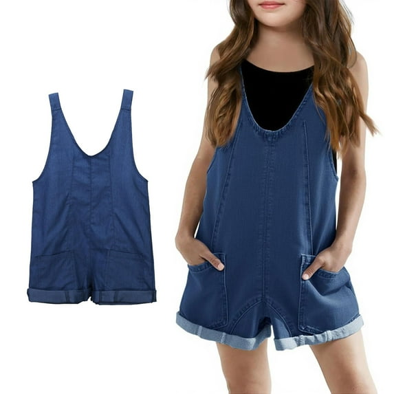 Bigetiay Tween Girls Sleeveless Jumpsuit Back to School Romper Dark Blue Jumpsuit with Pockets for Daily Wear Jumpsuits Rompers for Girls 12-13 Years
