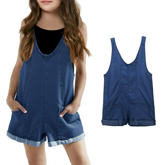 Bigetiay Tween Jumpsuit for Girls Comfortable Dark Blue Bib Pants with Pockets Spring Summer Romper Summer Clothes for Girls 10-11 Years