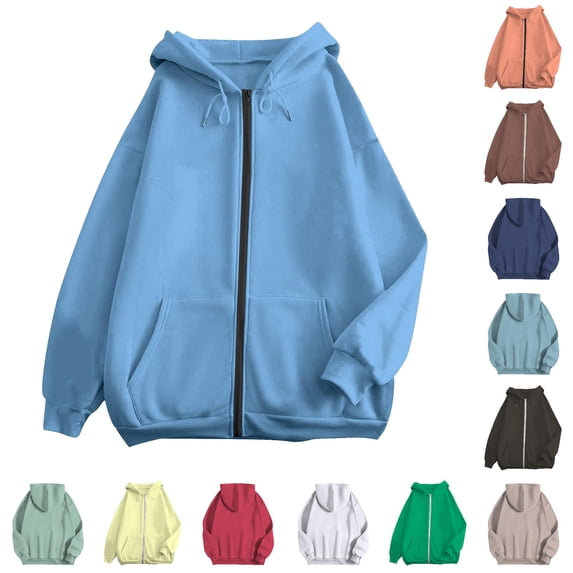 Bigetiay Women Hoodied Long Sleeve Sweatshirt Pockets Plus Size Zip up Drawstring Solid Loose Fit Hoodies Sweatshirts Fall Clothes