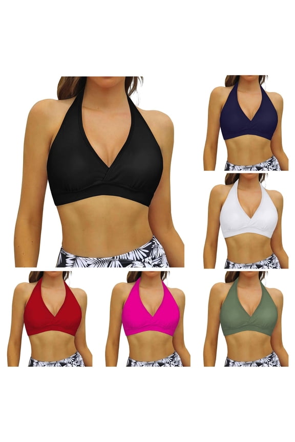 Women's Bikini Tops Halter String Triangle Bathing Suit Top Retro Push Up Swim Tops No Bottom, Size L