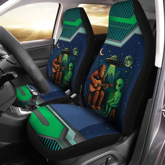 Bigfoot & Alien Guitar Car Seat Covers Funny UFO Night Sky Auto Seat Protectors, Sasquatch Space Theme Car Interior Decor